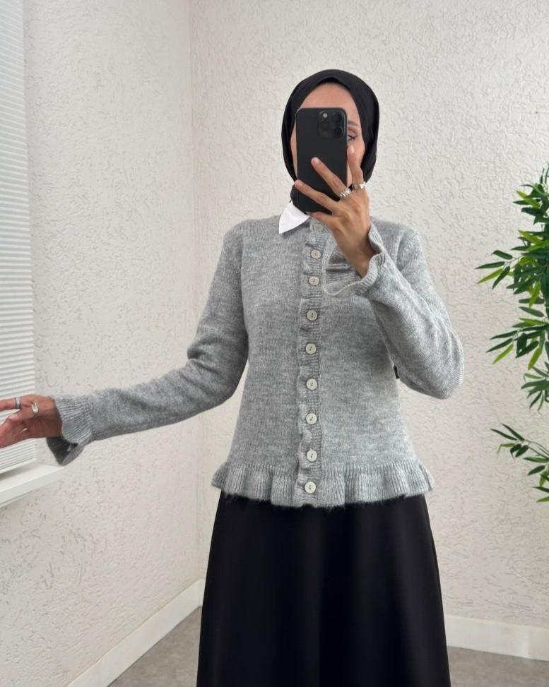 Düğmeli Önü Ve Eteği Fırfırlı Hırka -Gri