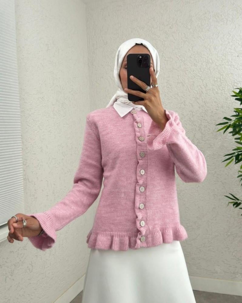 Düğmeli Önü Ve Eteği Fırfırlı Hırka -Pembe