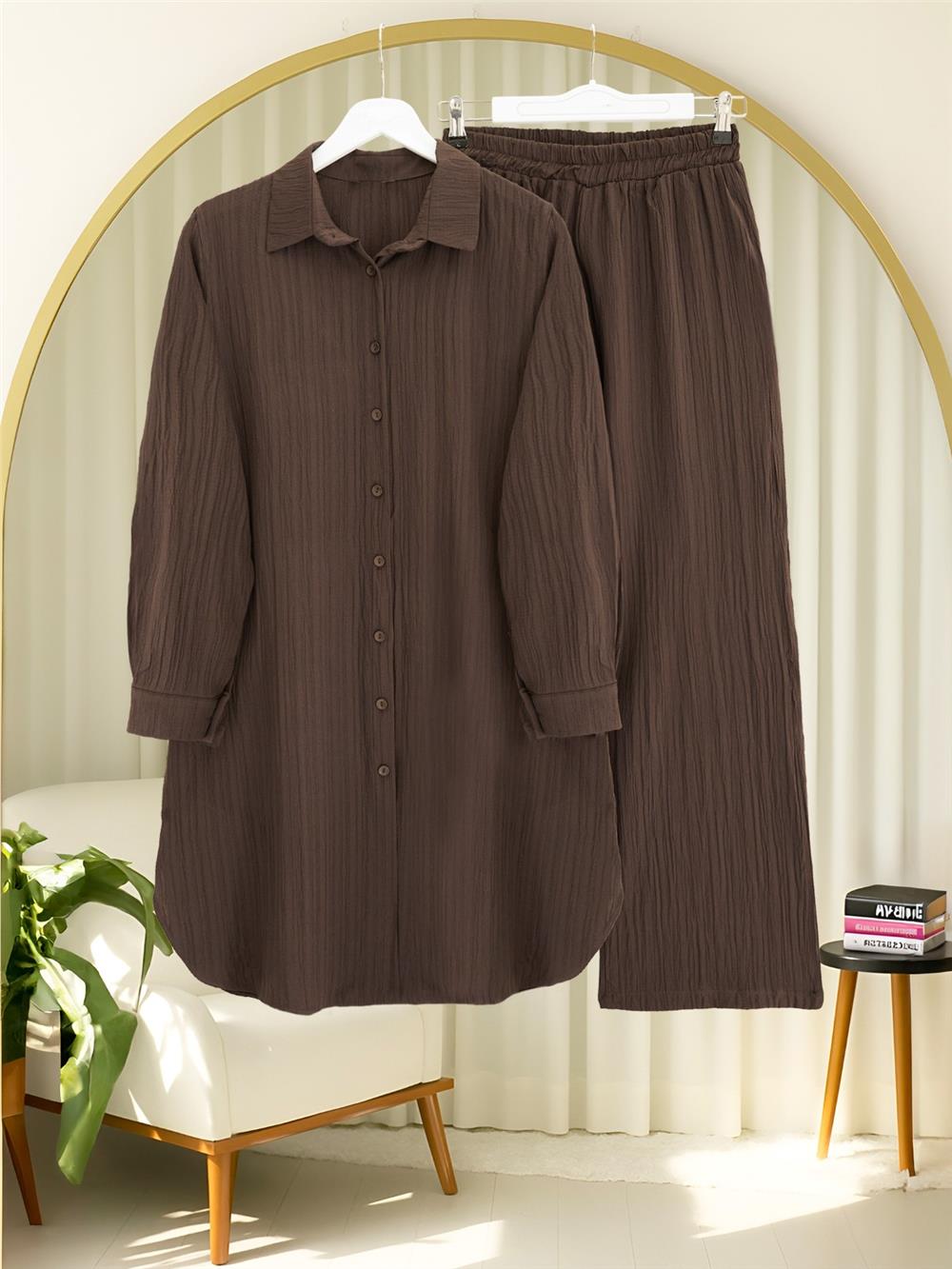 Düğmeli Uzun Pantolonlu Krinkıl Takım   -K. Kahve-349-7074-R54