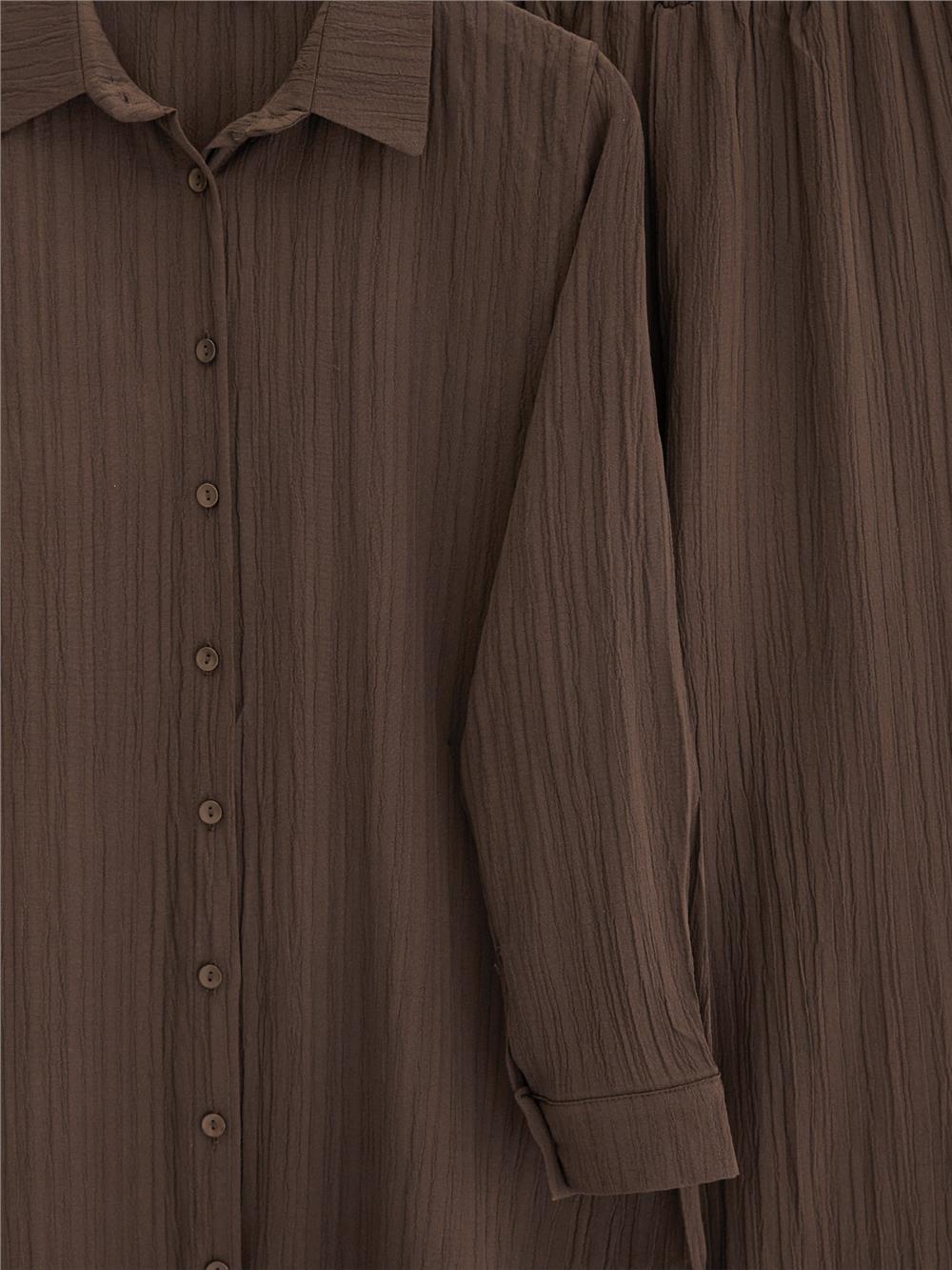 Düğmeli Uzun Pantolonlu Krinkıl Takım   -K. Kahve-349-7074-R54