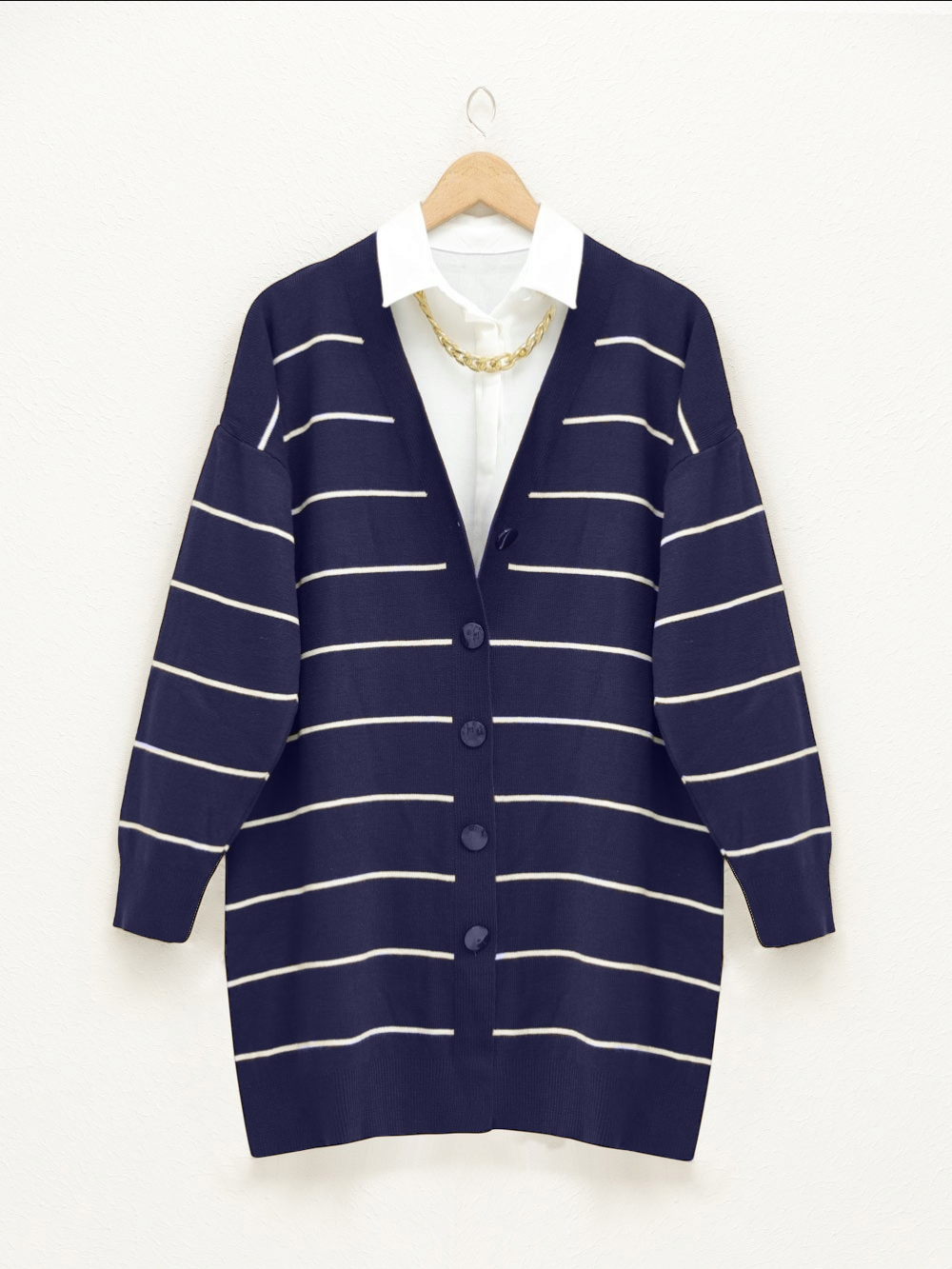 Buttoned Long Knitwear Cardigan -Navy Blue-357-6134-R03