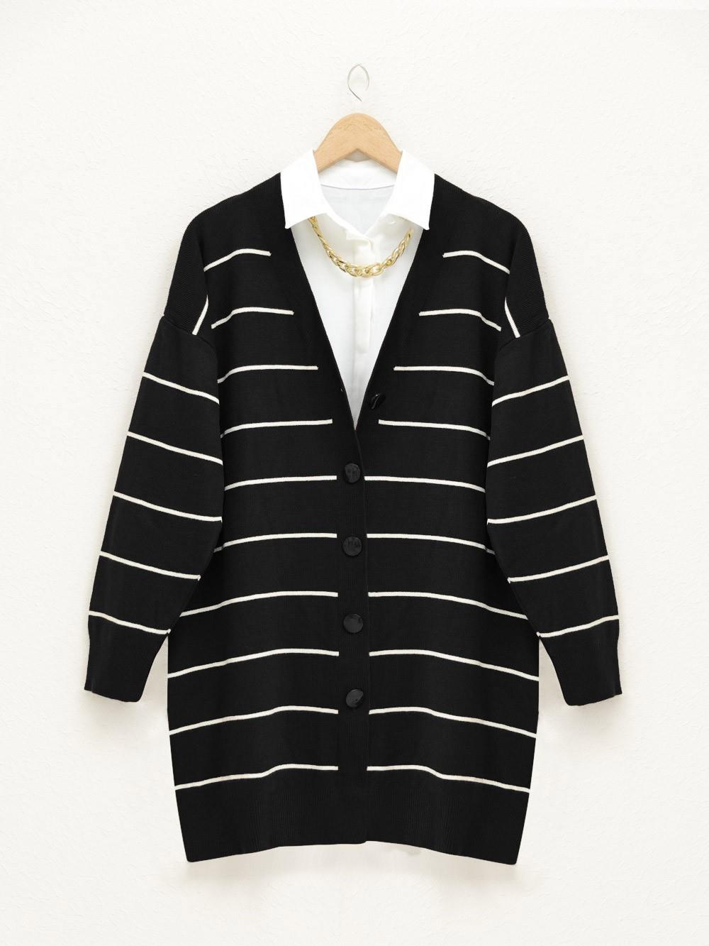Buttoned Long Knitted Cardigan -Black-357-6134-R01