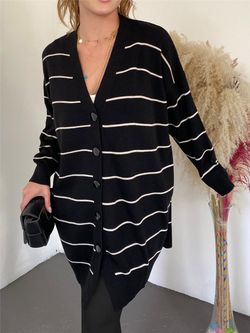 Buttoned Long Knitted Cardigan -Black-357-6134-R01