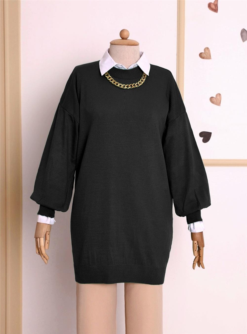 Plain Crew Neck Balloon Sleeve Knitwear Tunic -Black-109-9536-R01