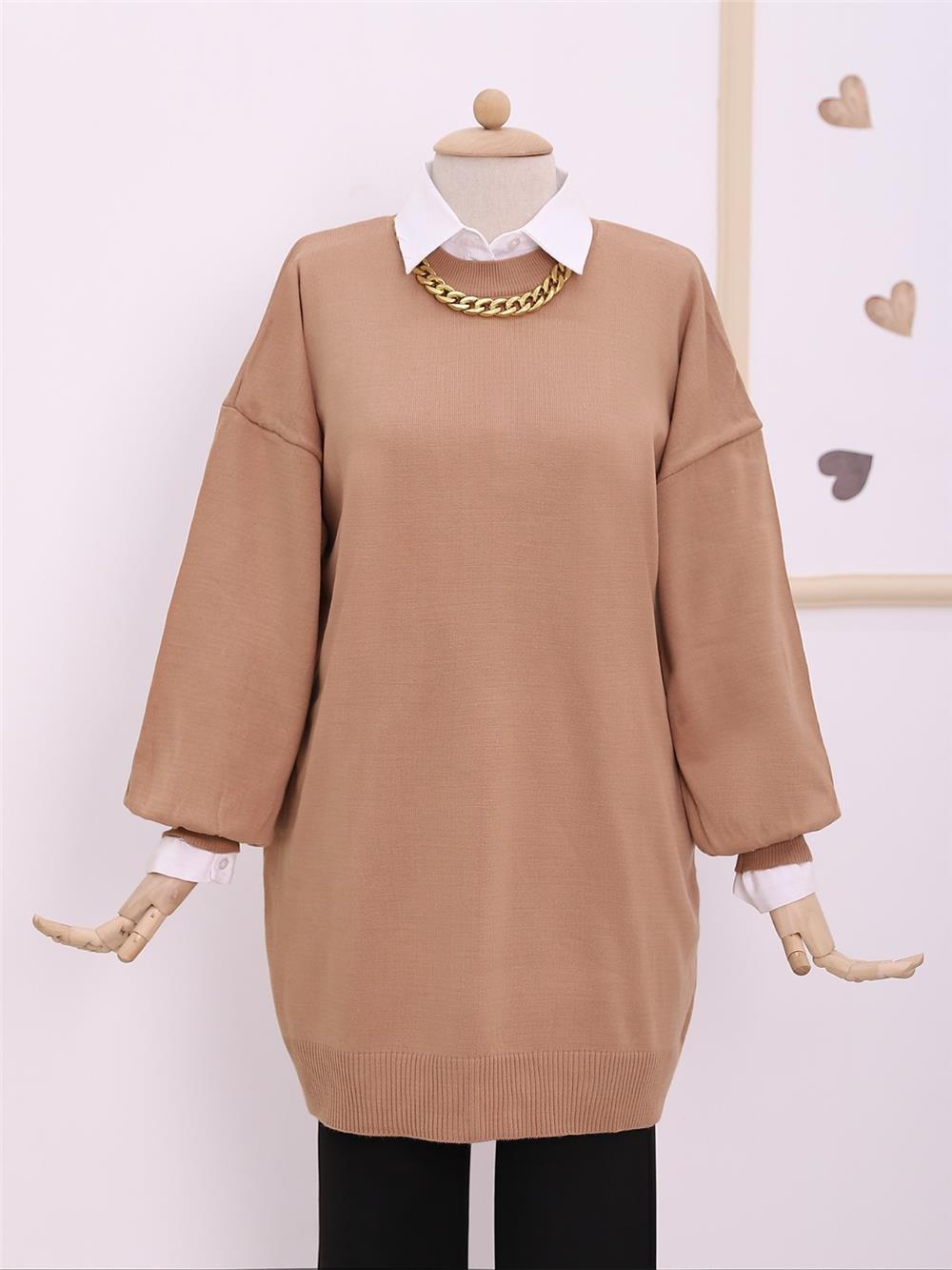 Straight Crew Neck Balloon Sleeve Knitwear Tunic -Mink Color-109-9536-R23