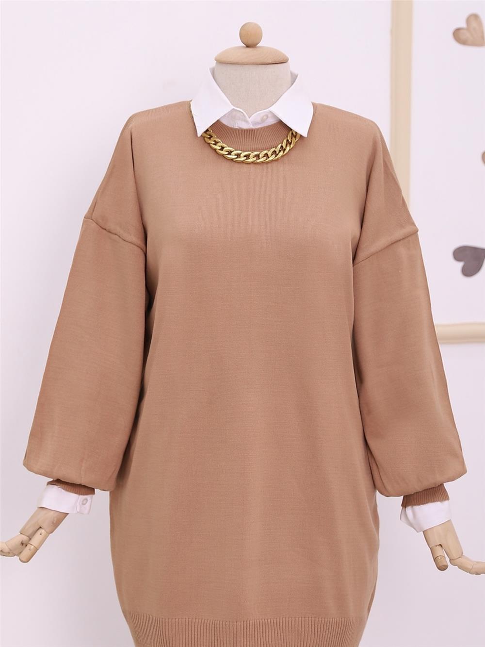 Straight Crew Neck Balloon Sleeve Knitwear Tunic -Mink Color-109-9536-R23