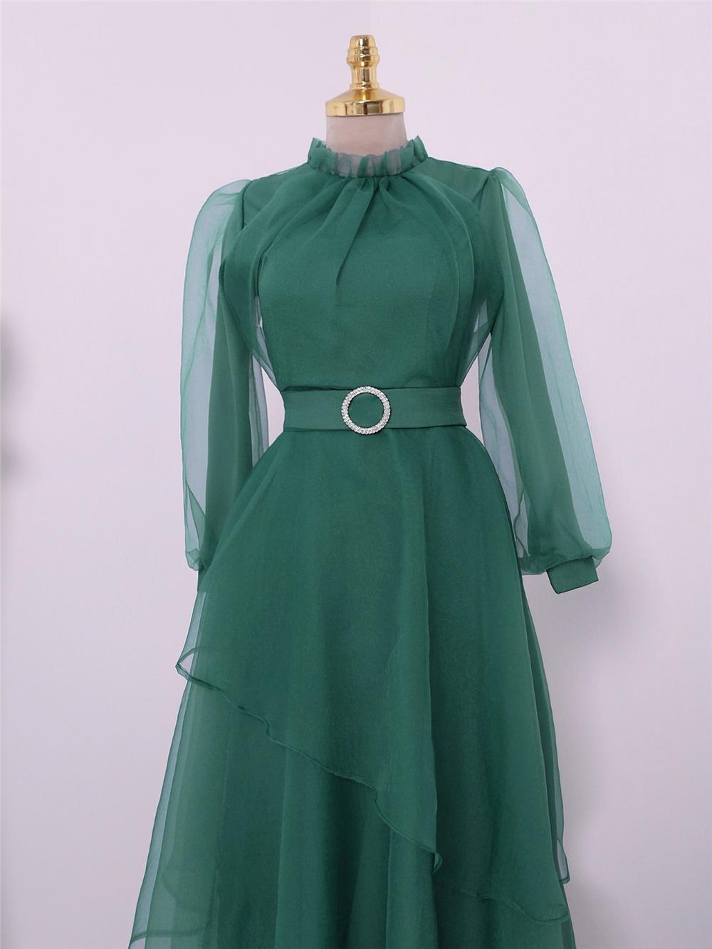 Tulle Evening Dress with Asymmetrical Tiered Skirt and Frilly Collar -Green-316-4364-R35