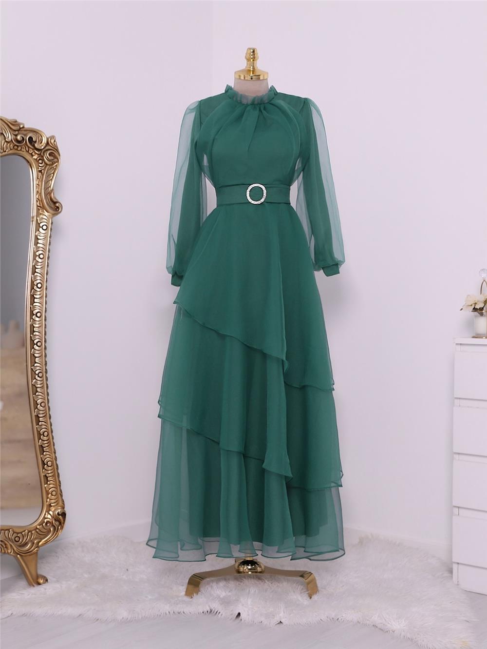 Tulle Evening Dress with Asymmetrical Tiered Skirt and Frilly Collar -Green-316-4364-R35