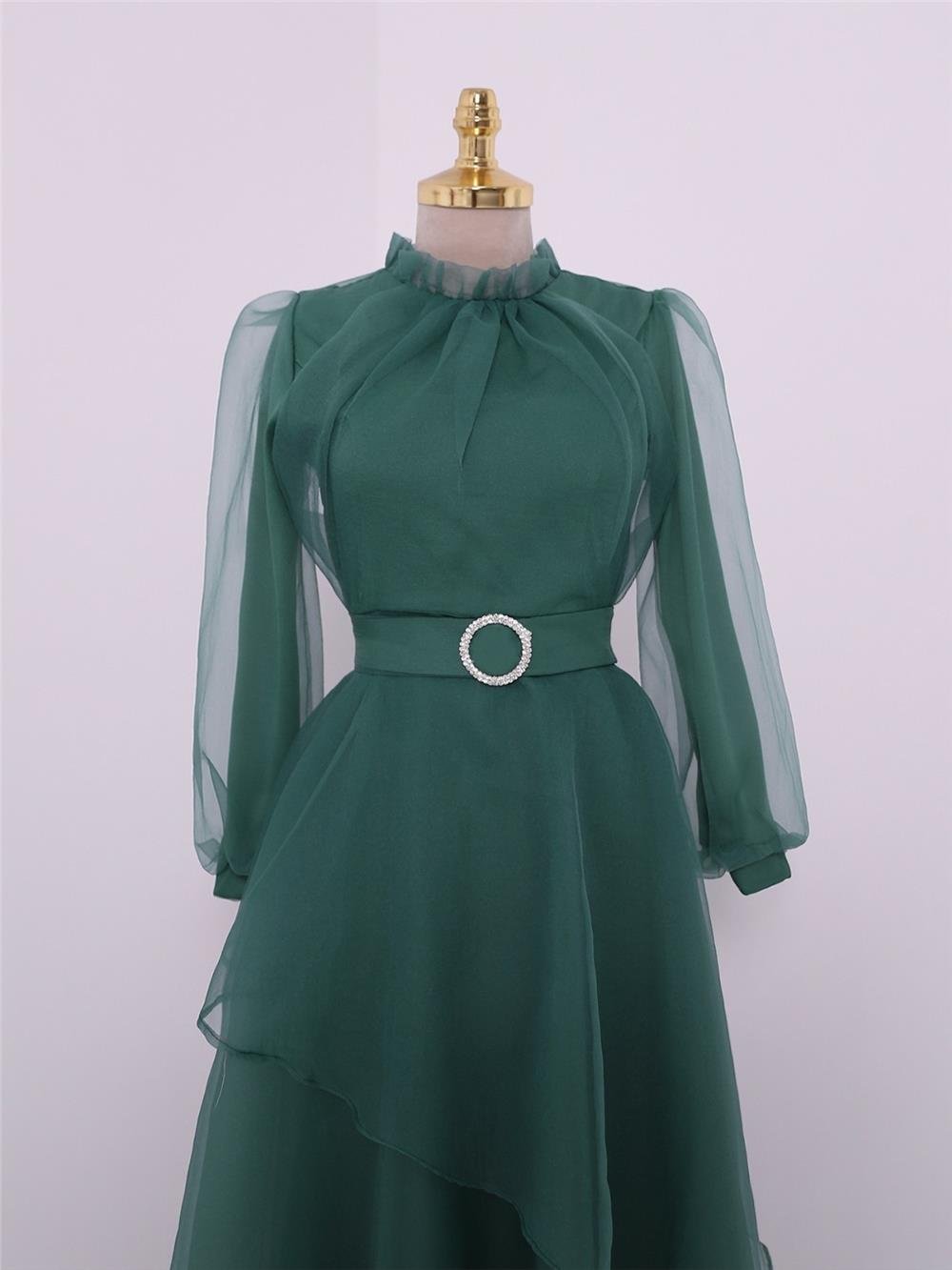 Tulle Evening Dress with Asymmetrical Tiered Skirt and Frilly Collar -Green-316-4364-R35