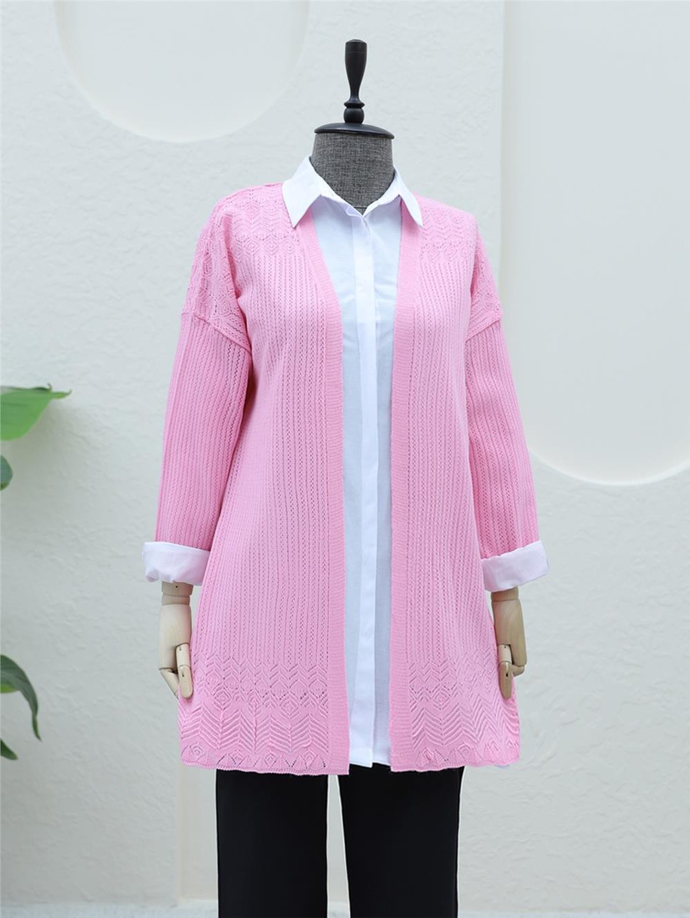 Openwork Cardigan with Patterned Skirt -Pink-109-9462-R20
