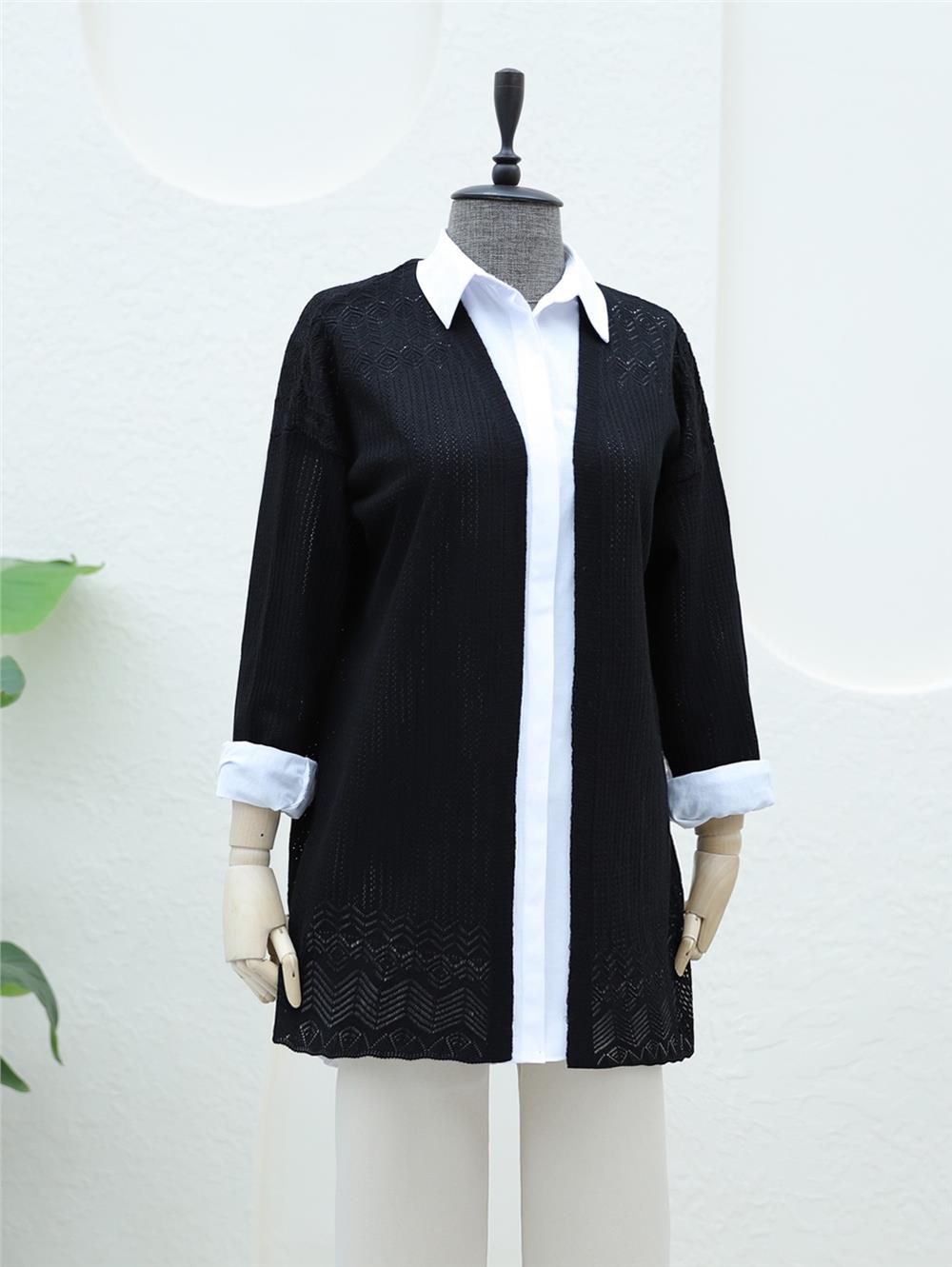 Openwork Cardigan with Patterned Skirt - Black-109-9462-R01