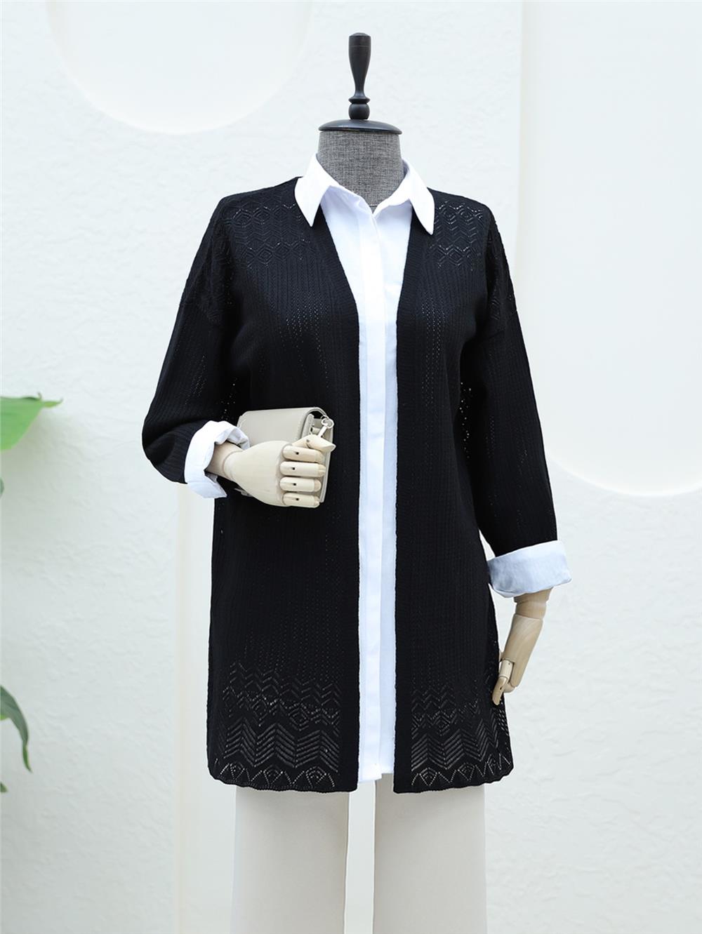 Openwork Cardigan with Patterned Skirt - Black-109-9462-R01