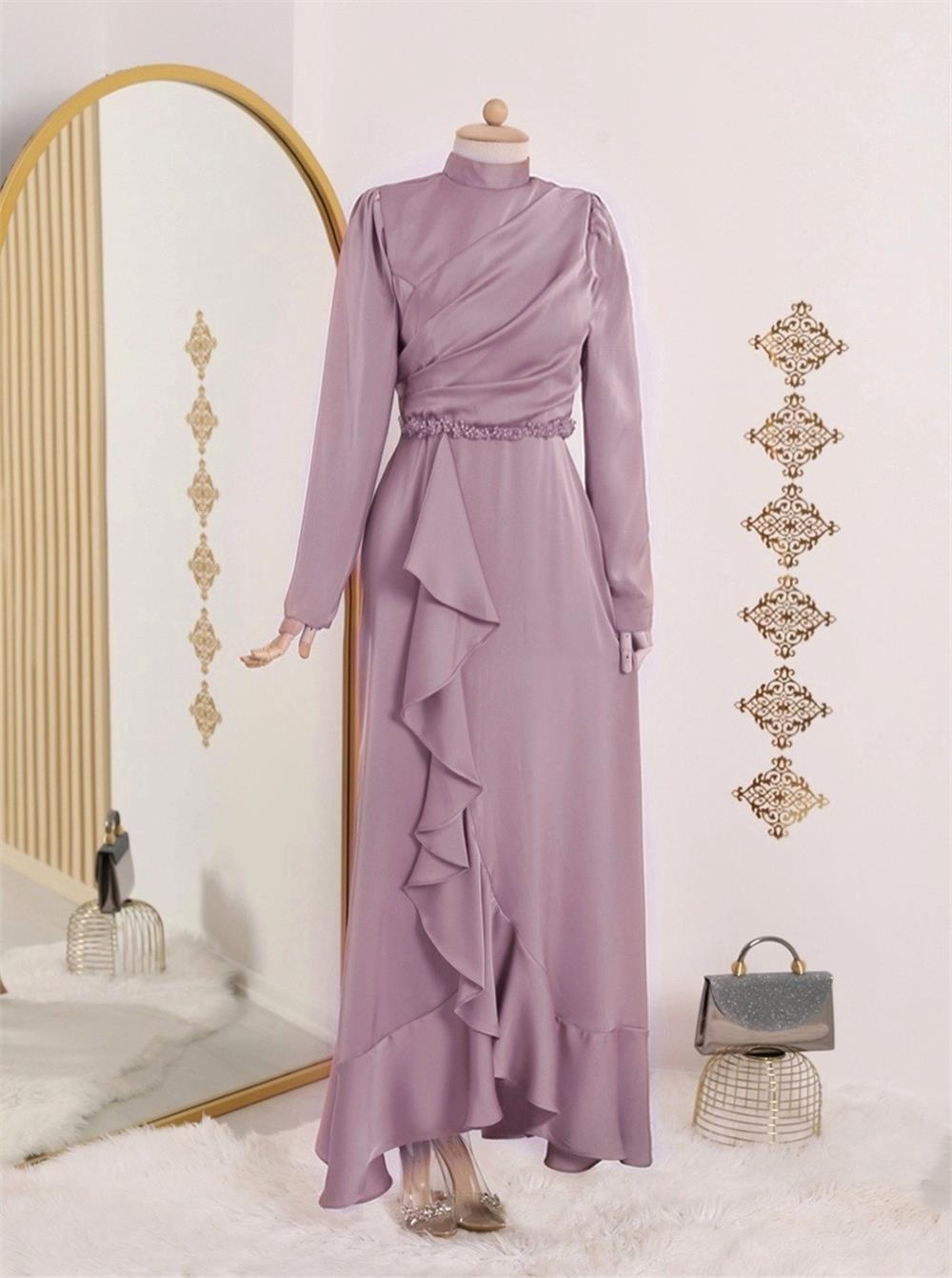 Satin Evening Dress with Frilly Skirt and Stone Waist - Powder-337-6666-R06