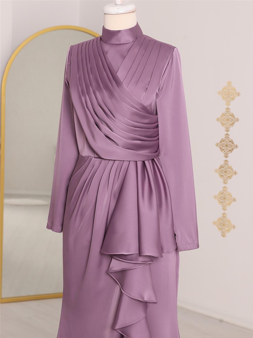 Satin Evening Dress with Frilled Skirt and Draped Front -Lilac-337-6809-R42