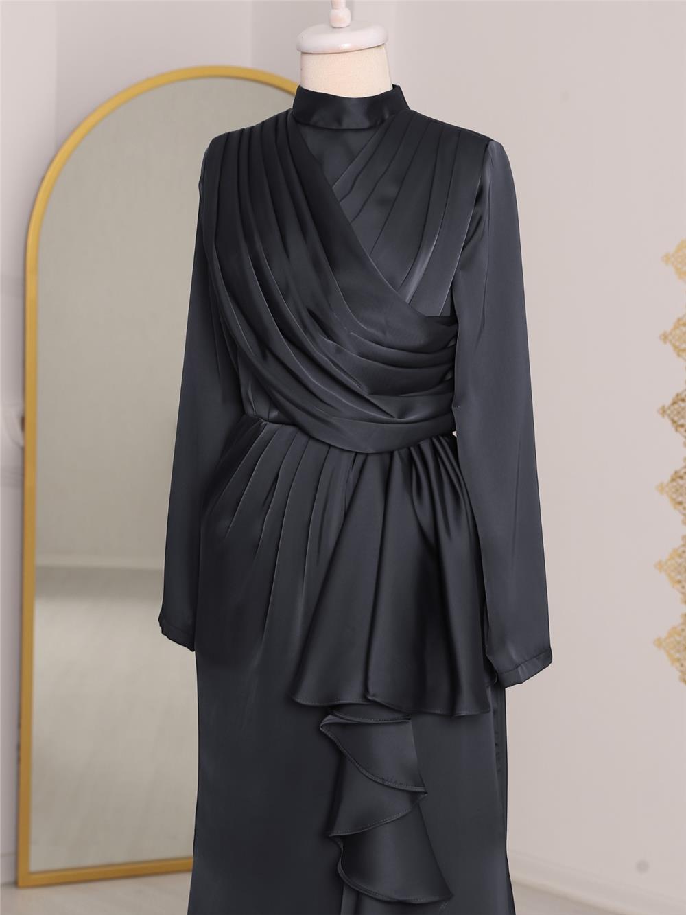 Satin Evening Dress with Frilly Skirt and Draped Front -Black-337-6809-R01