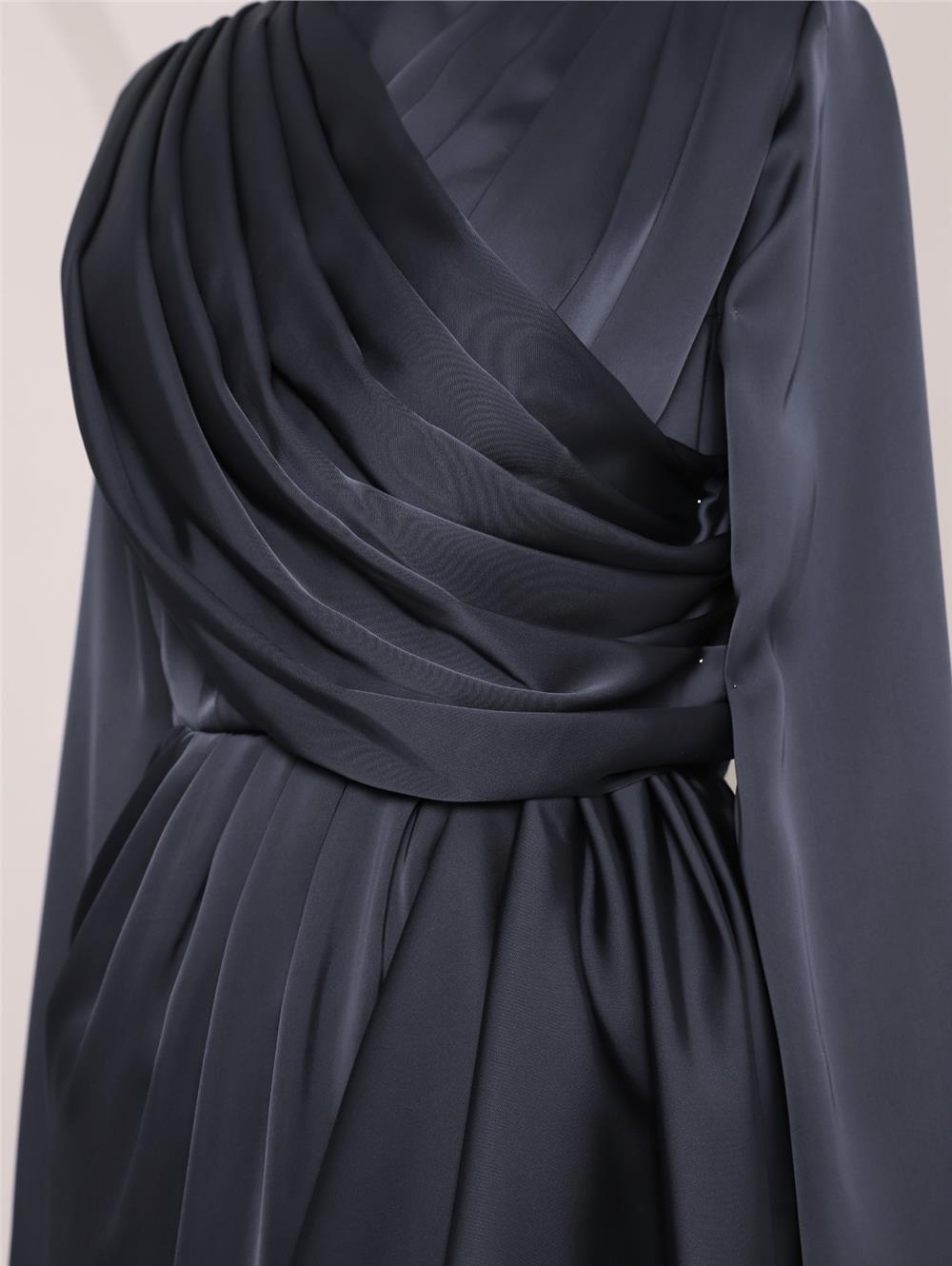Satin Evening Dress with Frilly Skirt and Draped Front -Black-337-6809-R01
