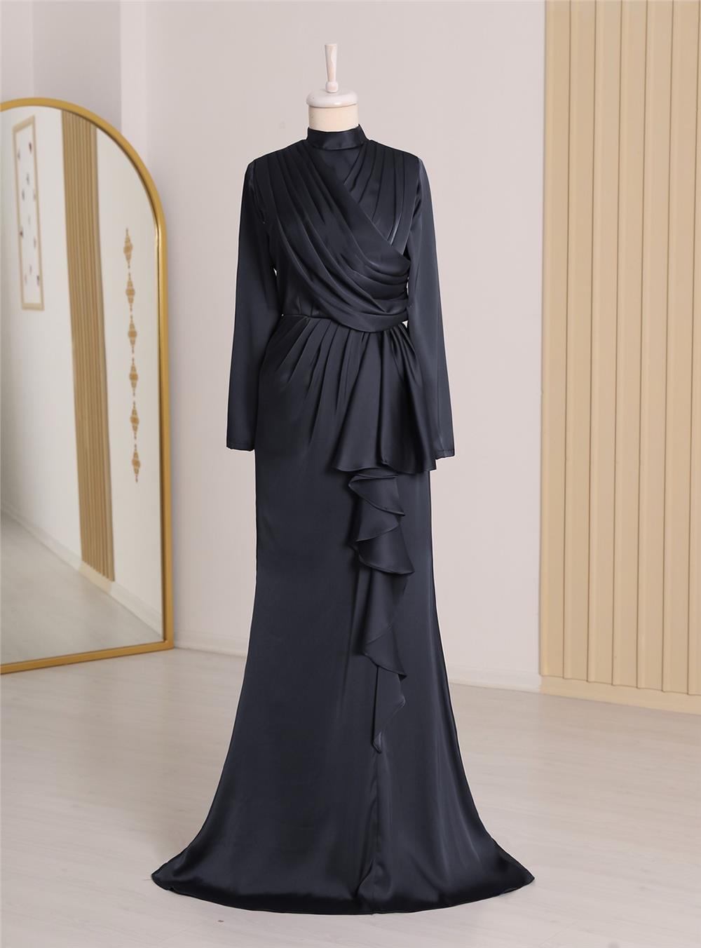 Satin Evening Dress with Frilly Skirt and Draped Front -Black-337-6809-R01