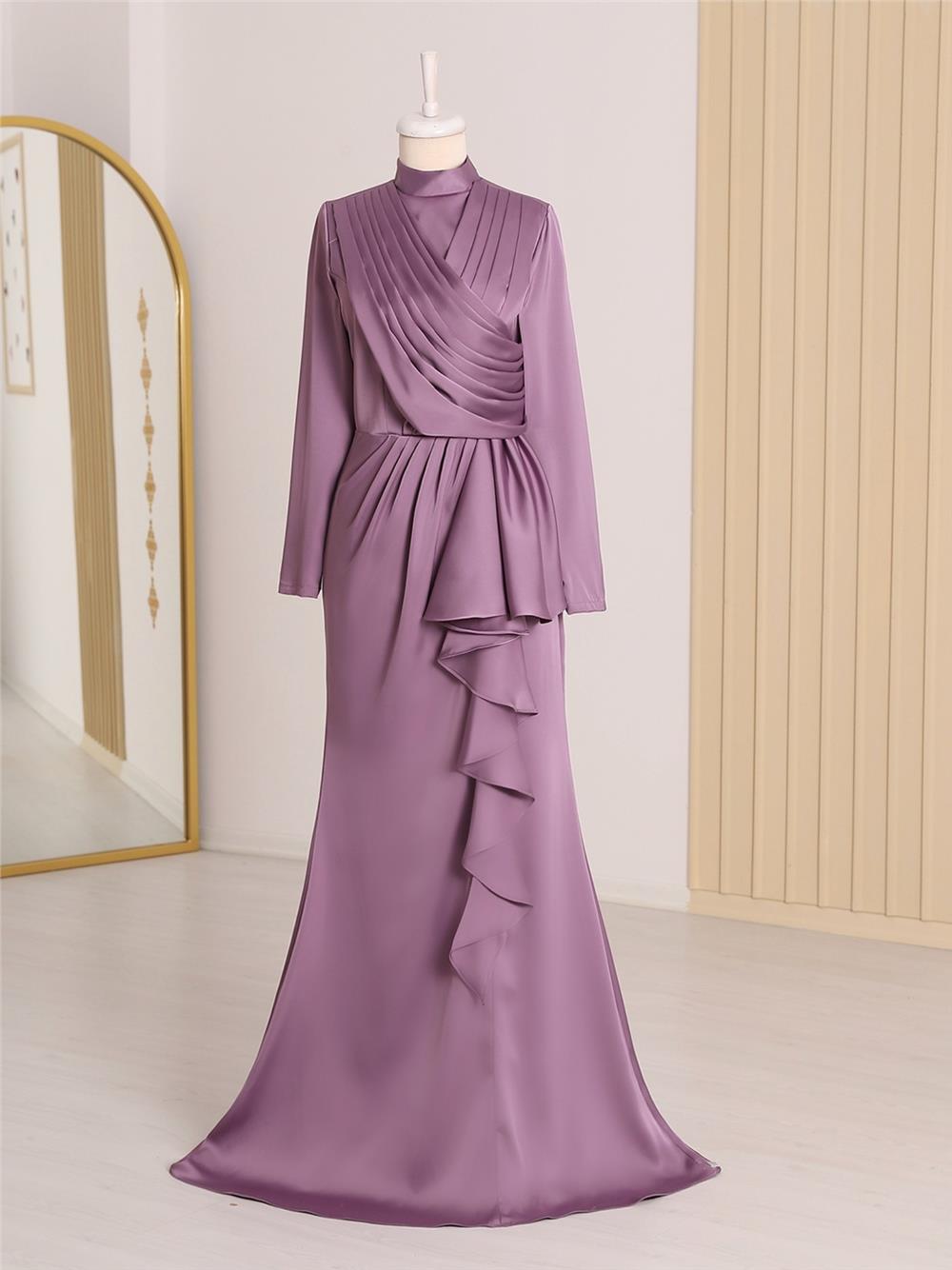 Satin Evening Dress with Frilled Skirt and Draped Front -Lilac-337-6809-R42