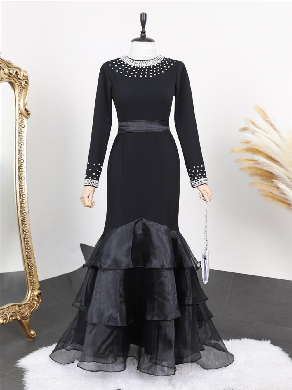 Evening Dress with Tiered Skirt and Stones on the Neck and Sleeves - Black-316-4519-R01