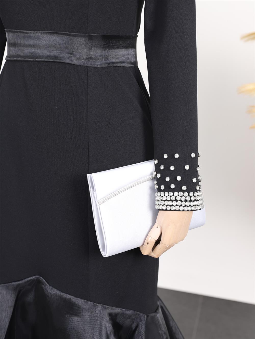 Evening Dress with Tiered Skirt and Stones on the Neck and Sleeves - Black-316-4519-R01