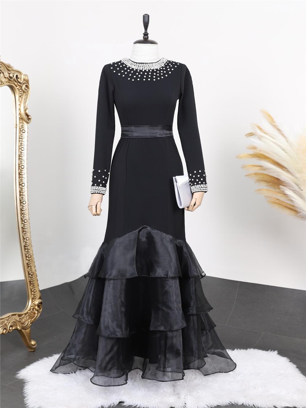 Evening Dress with Tiered Skirt and Stones on the Neck and Sleeves - Black-316-4519-R01