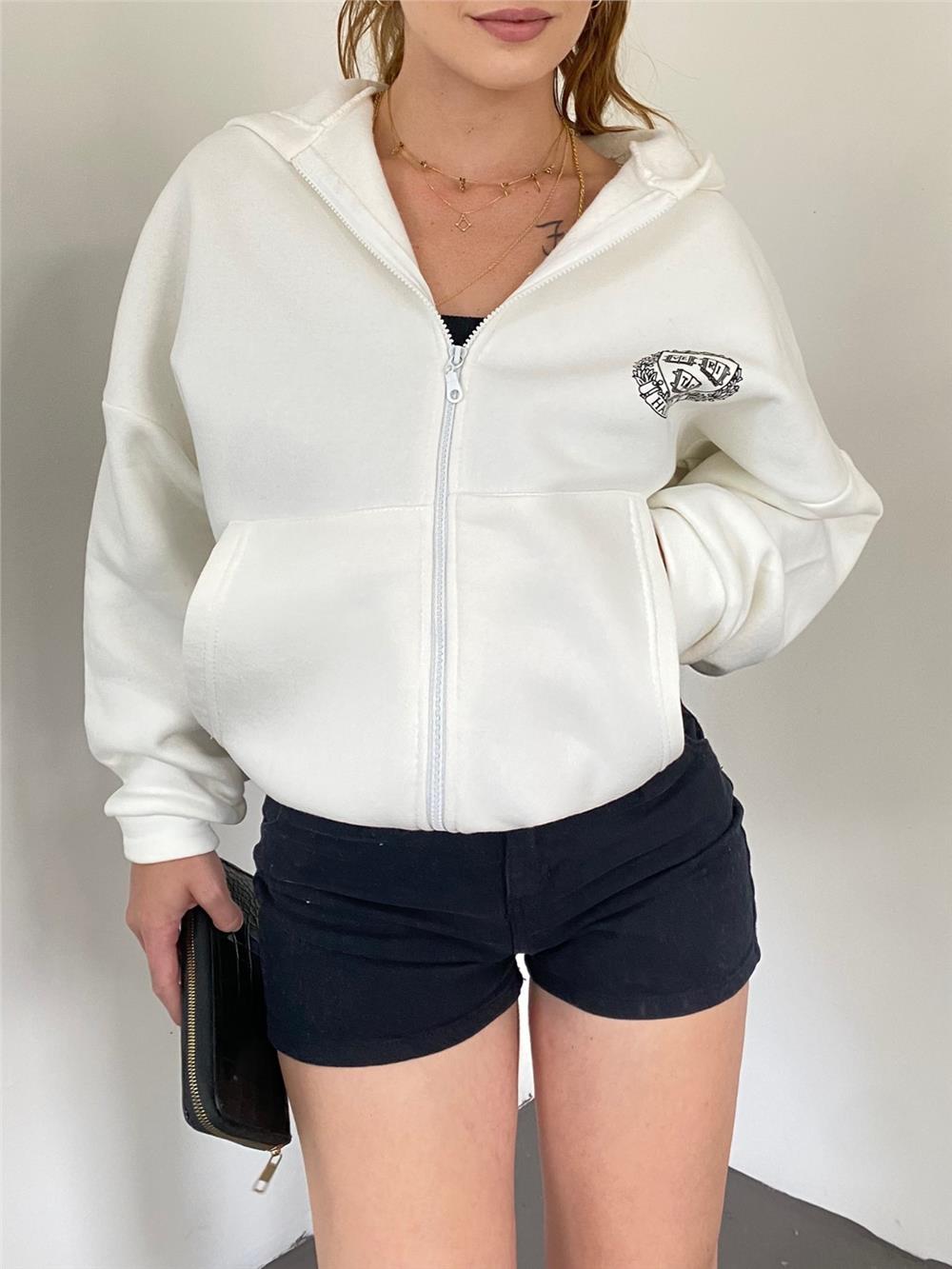 Hooded Sweat with Elastic Skirt - White-357-3048-R02
