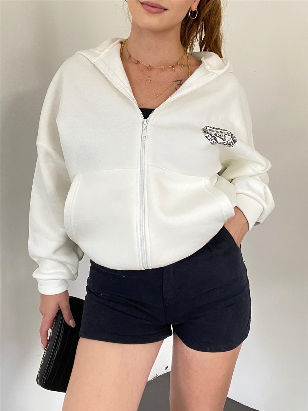 Hooded Sweat with Elastic Skirt - White-357-3048-R02