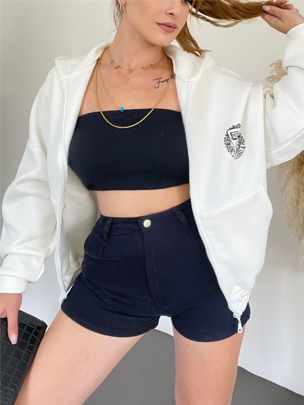 Hooded Sweat with Elastic Skirt - White-357-3048-R02