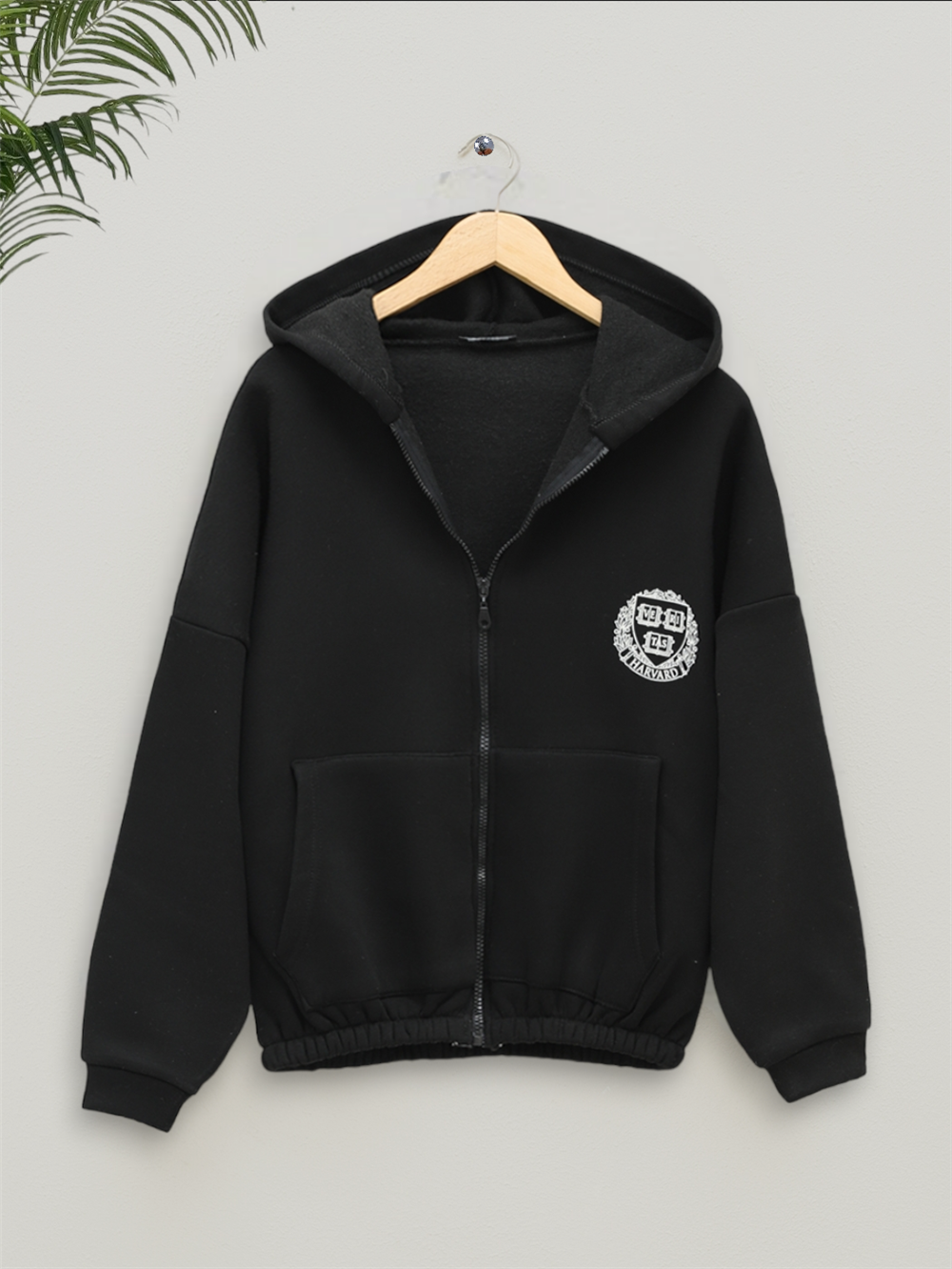 Hooded Sweatshirt with Elastic Skirt -Black-357-3048-R01