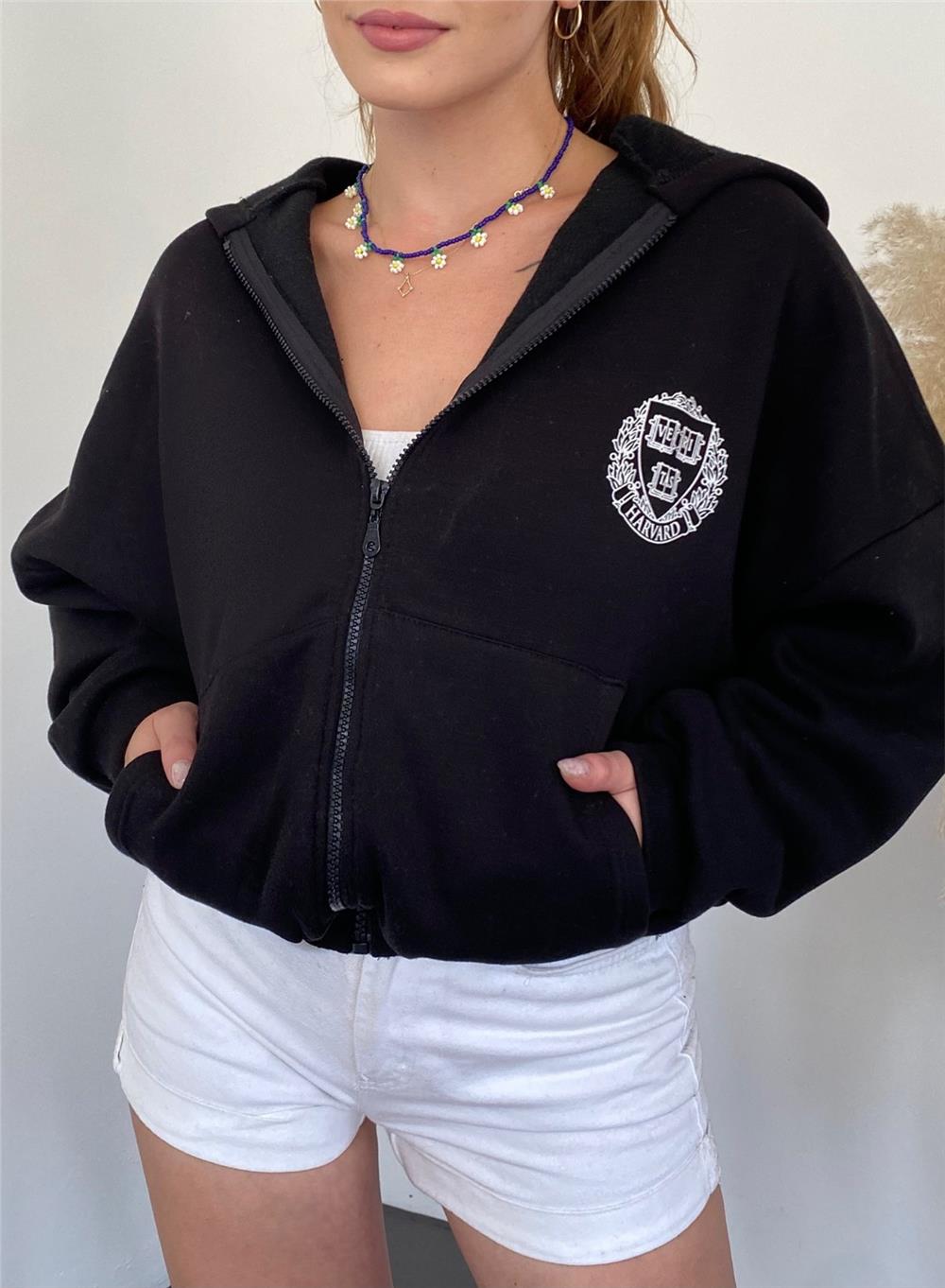 Hooded Sweatshirt with Elastic Skirt -Black-357-3048-R01