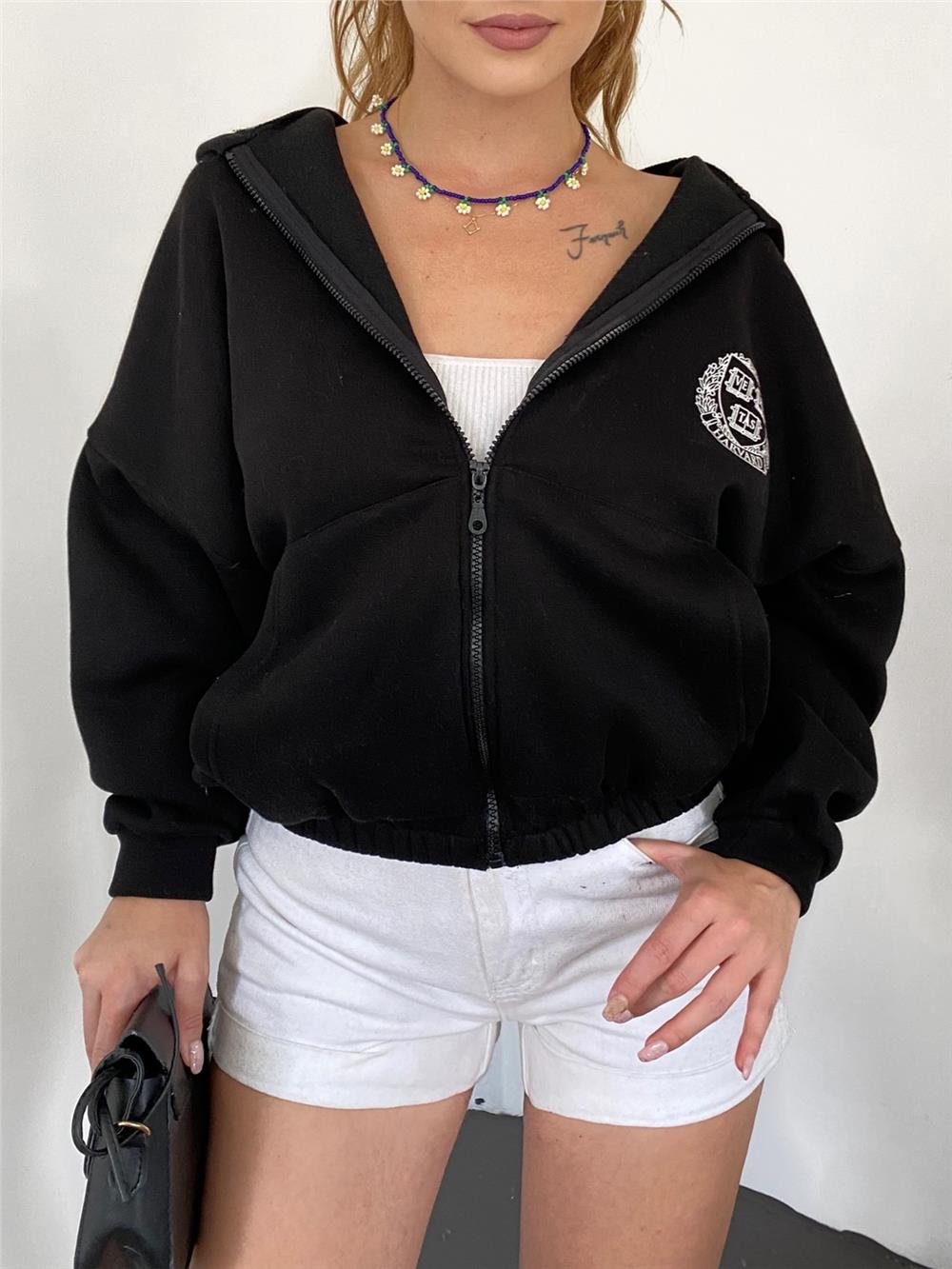 Hooded Sweatshirt with Elastic Skirt -Black-357-3048-R01