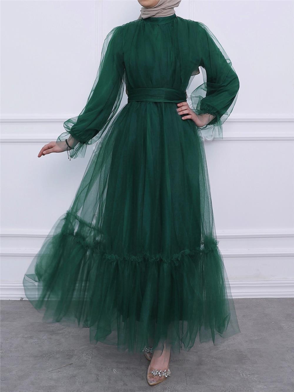 Skirt Parted Waist Belted Tulle Evening Dress -Emerald-316-4389-R17
