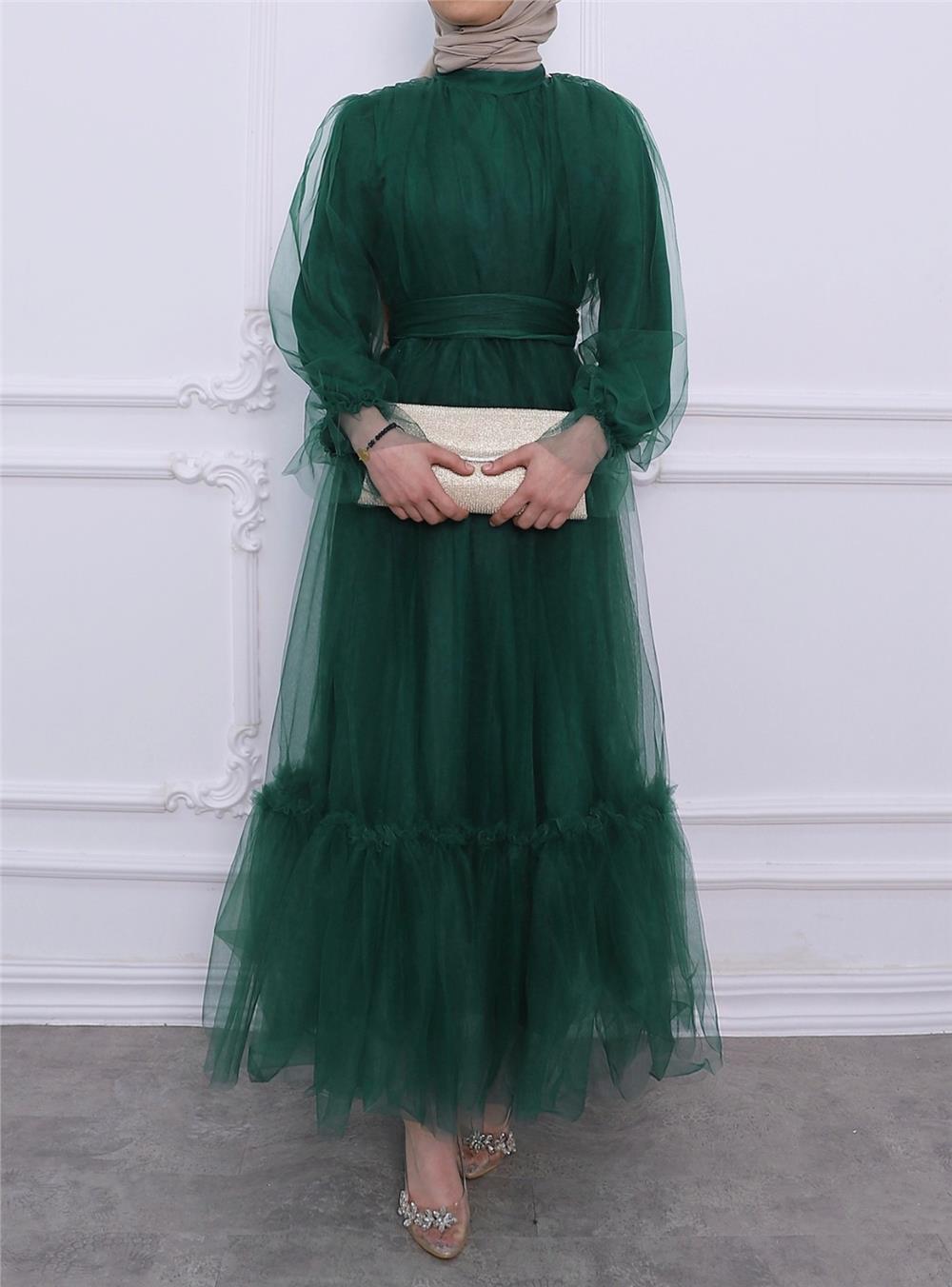 Skirt Parted Waist Belted Tulle Evening Dress -Emerald-316-4389-R17
