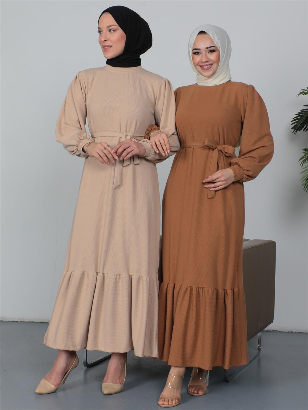 Ribbed Belted Dress with Pieced Skirt -Beige-362-3817-R56