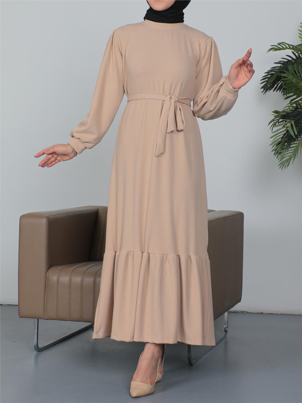 Ribbed Belted Dress with Pieced Skirt -Beige-362-3817-R56