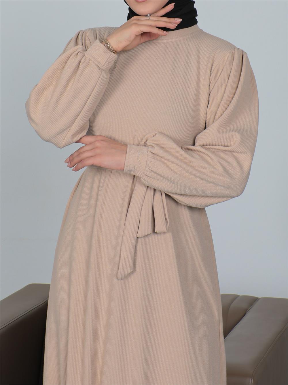 Ribbed Belted Dress with Pieced Skirt -Beige-362-3817-R56