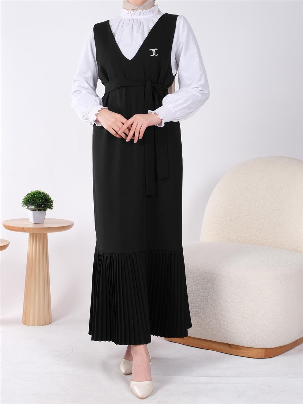 Belted Gilet with Pleated Skirt -Black-111-61101-R01