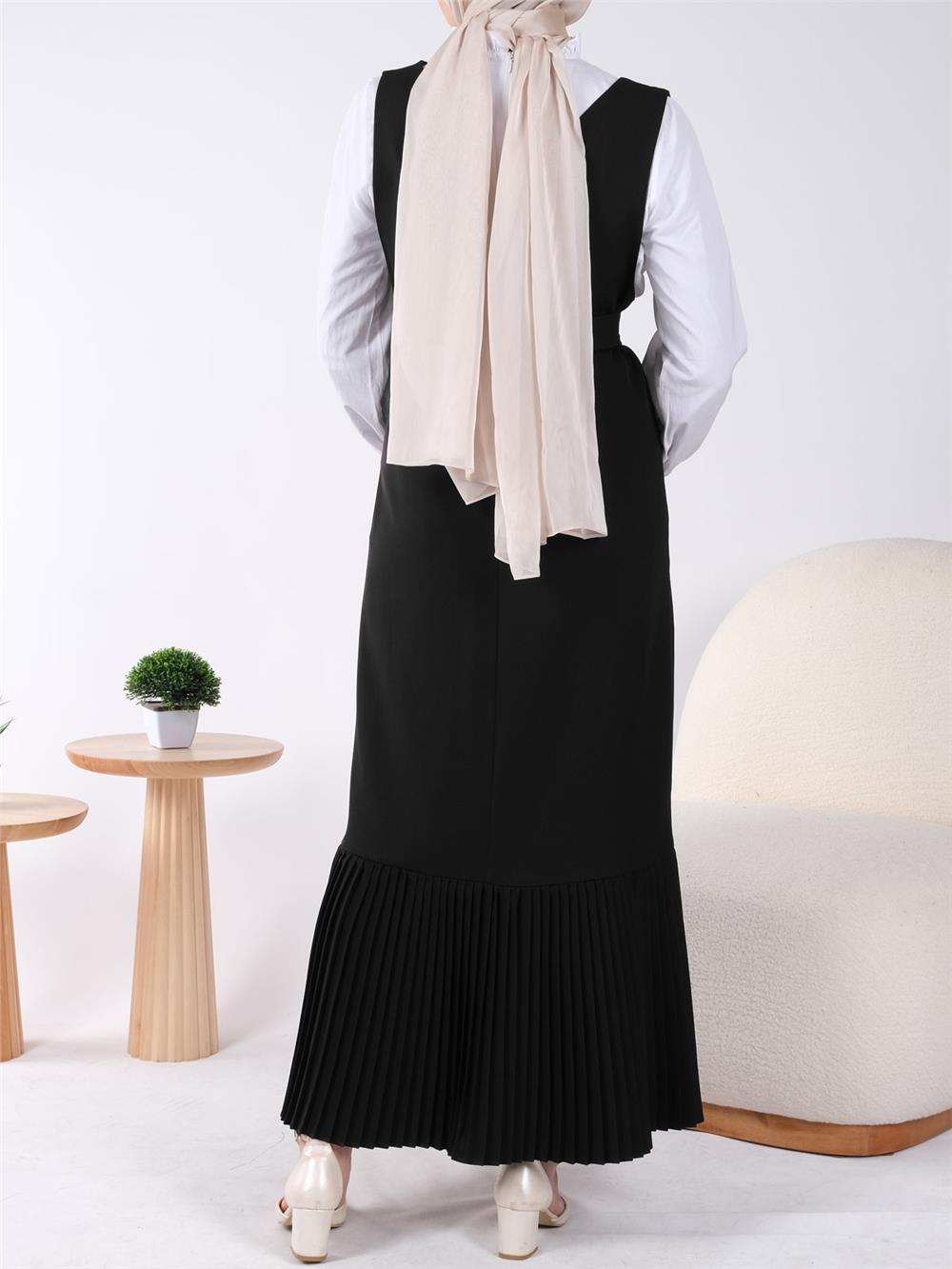 Belted Gilet with Pleated Skirt -Black-111-61101-R01