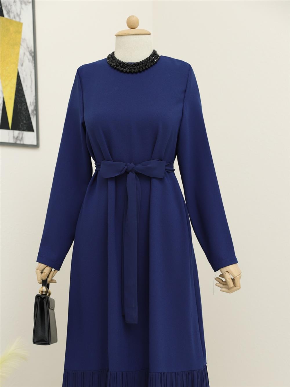 Belted Dress with Pleated Lace Skirt - Indigo-316-4410-R21