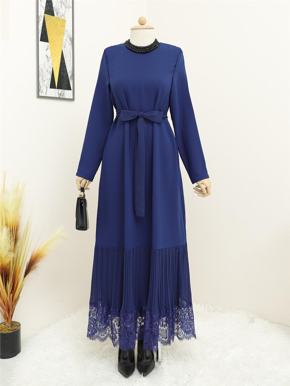 Belted Dress with Pleated Lace Skirt - Indigo-316-4410-R21