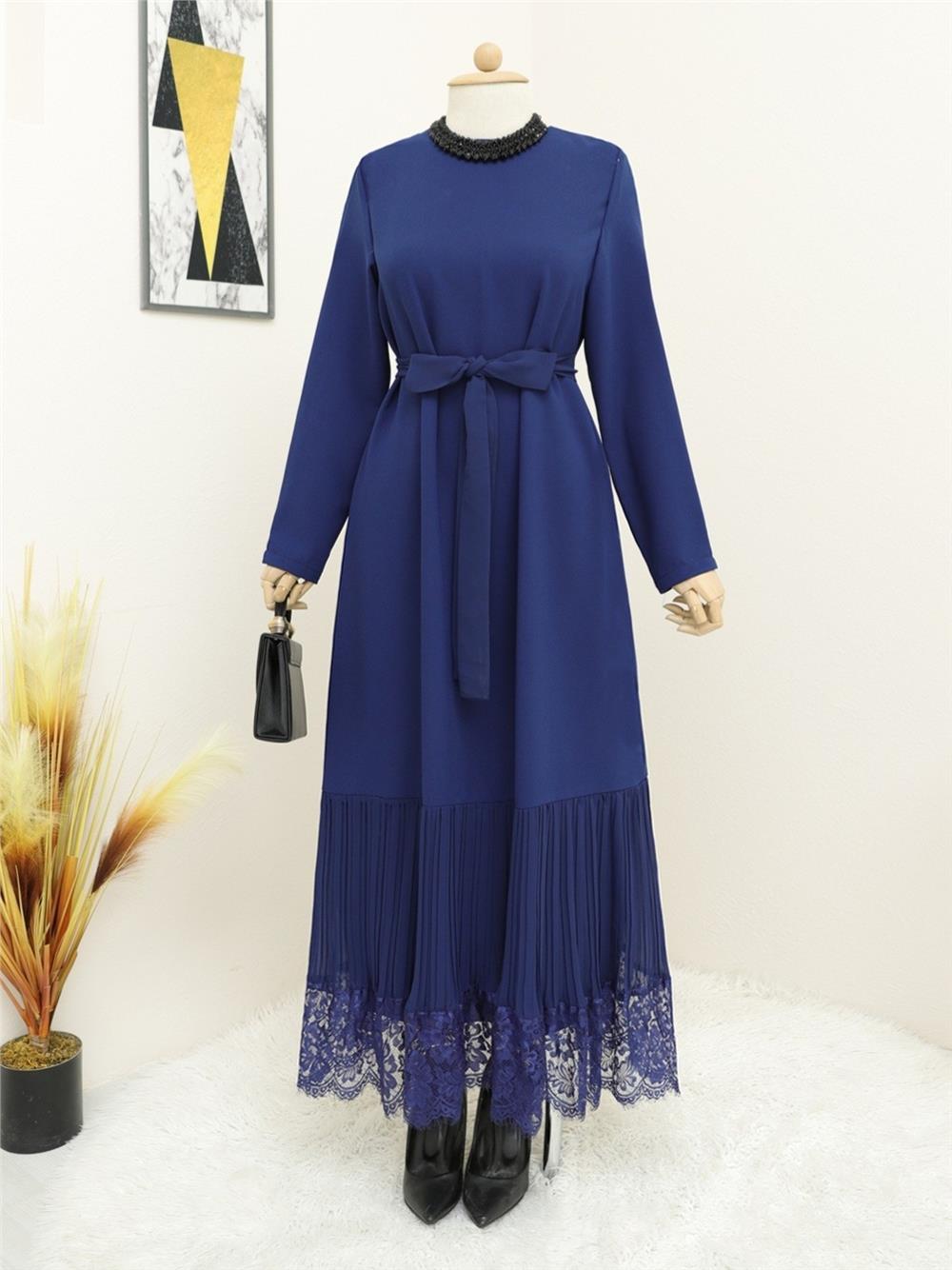 Belted Dress with Pleated Lace Skirt - Indigo-316-4410-R21