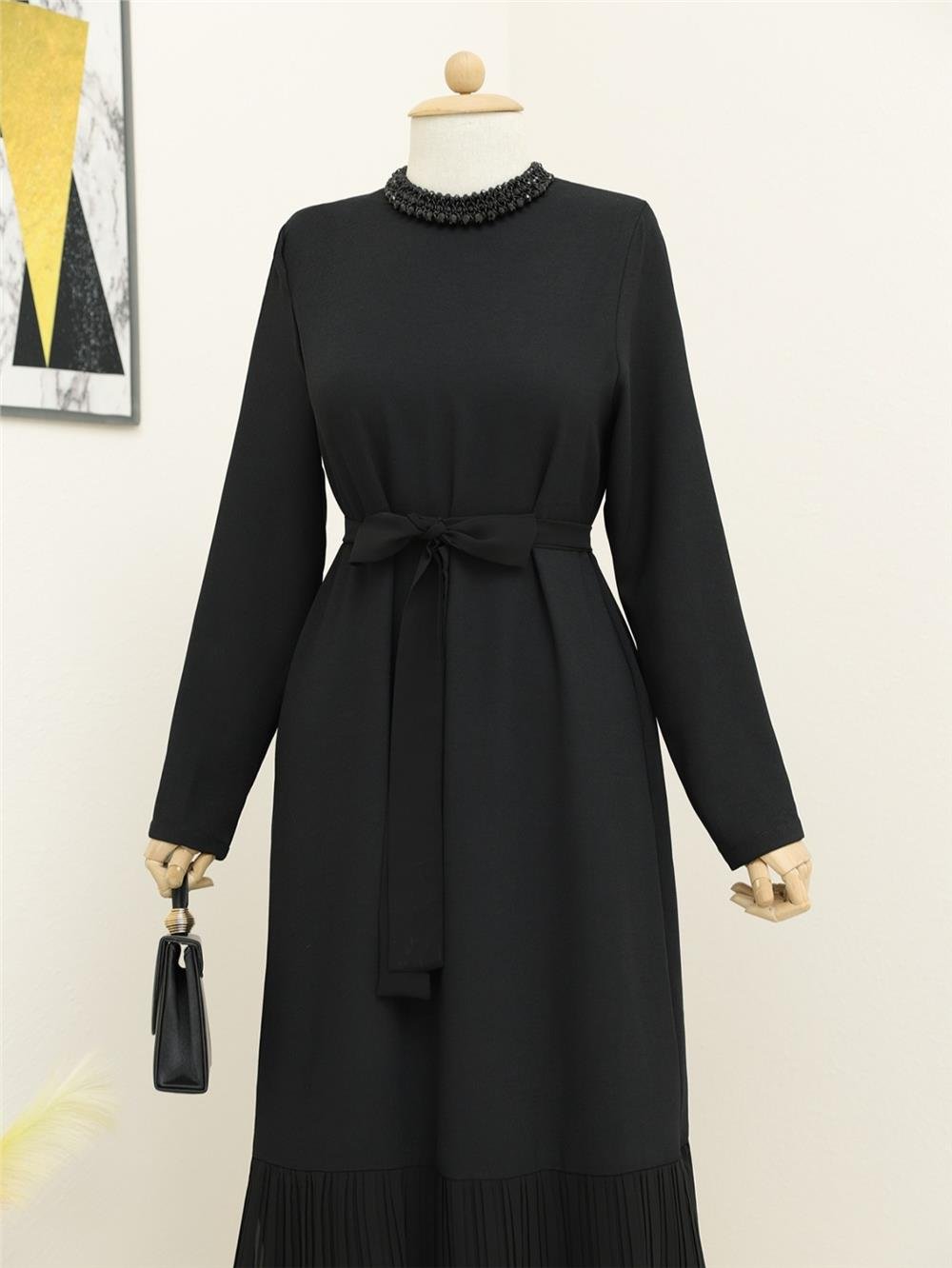 Belted Dress with Pleated Lace Skirt -Black-316-4410-R01