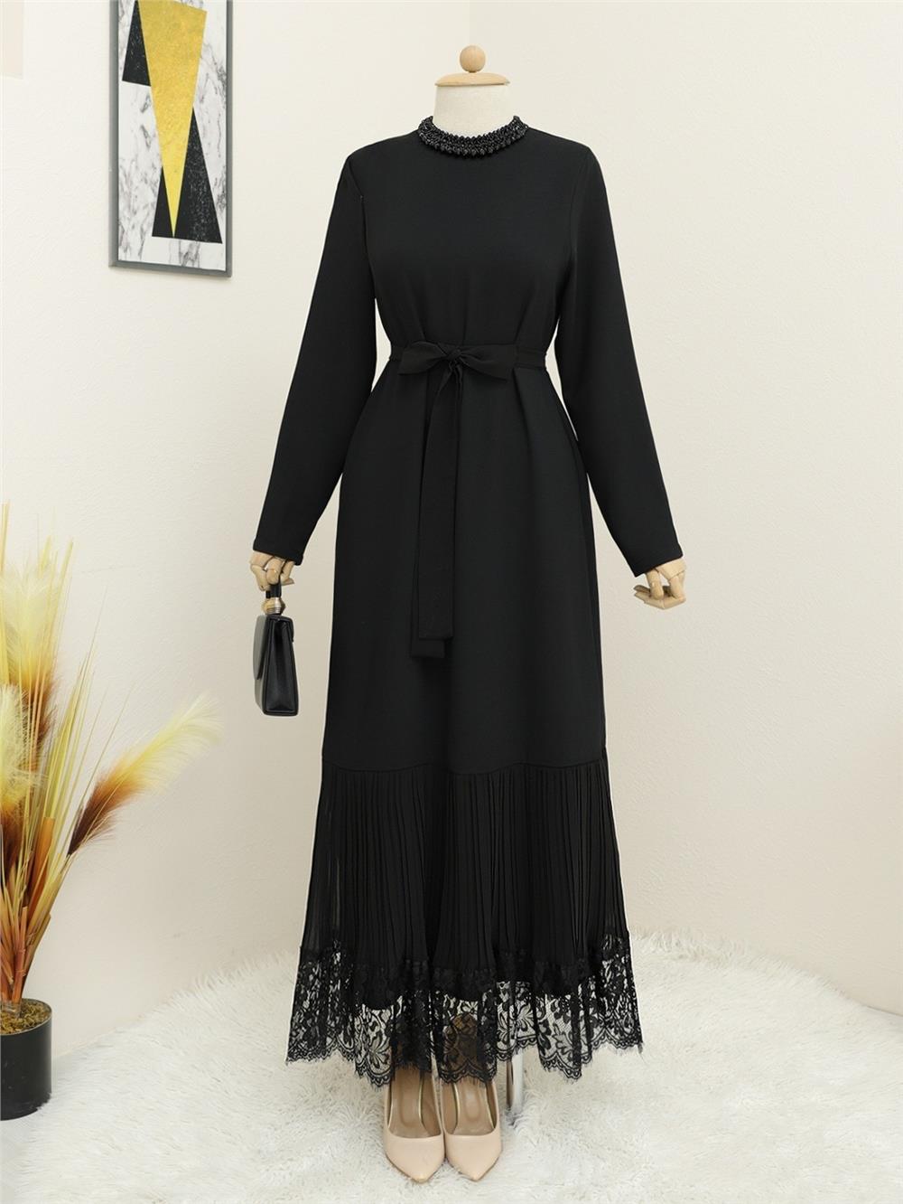 Belted Dress with Pleated Lace Skirt -Black-316-4410-R01