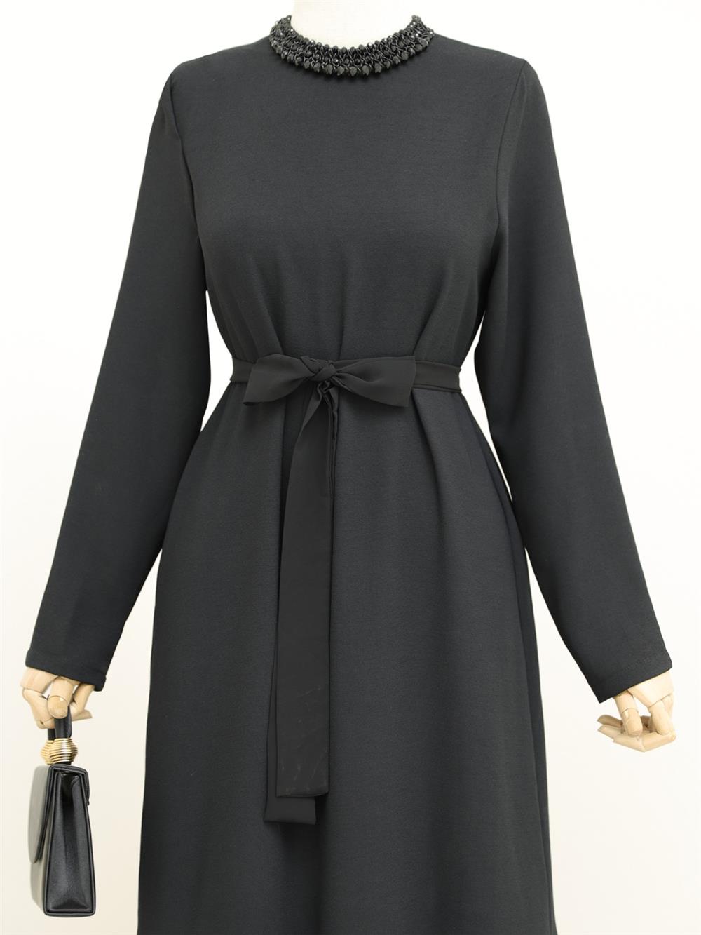Belted Dress with Pleated Lace Skirt -Black-316-4410-R01