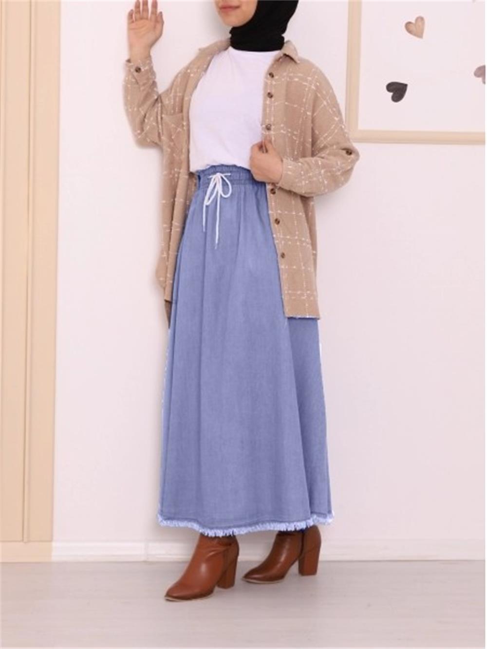 Pocket Denim Skirt with Tassels -Ice Blue-123-0689-R37