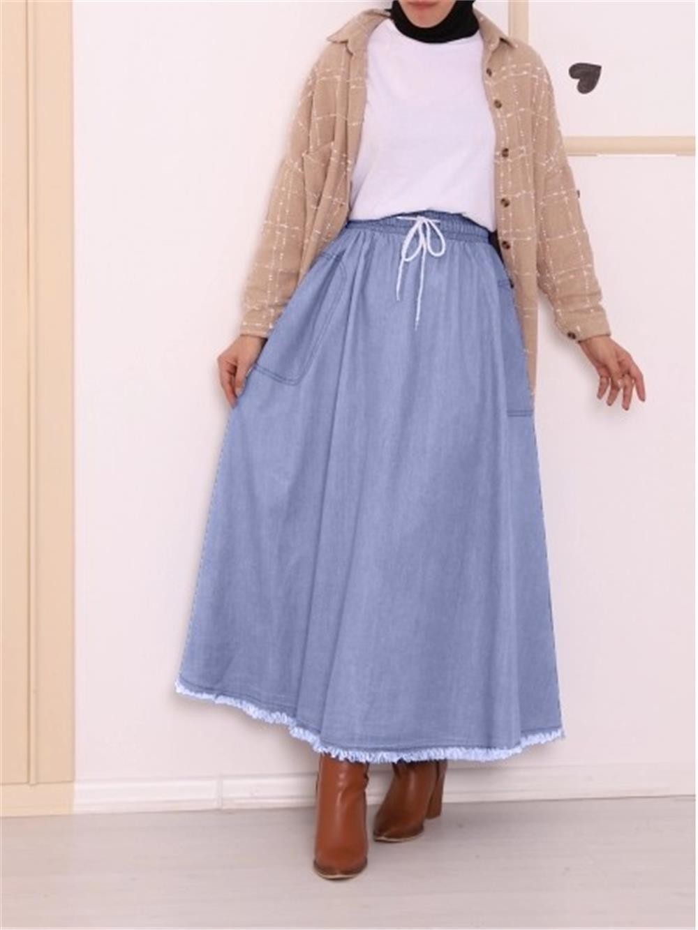 Pocket Denim Skirt with Tassels -Ice Blue-123-0689-R37