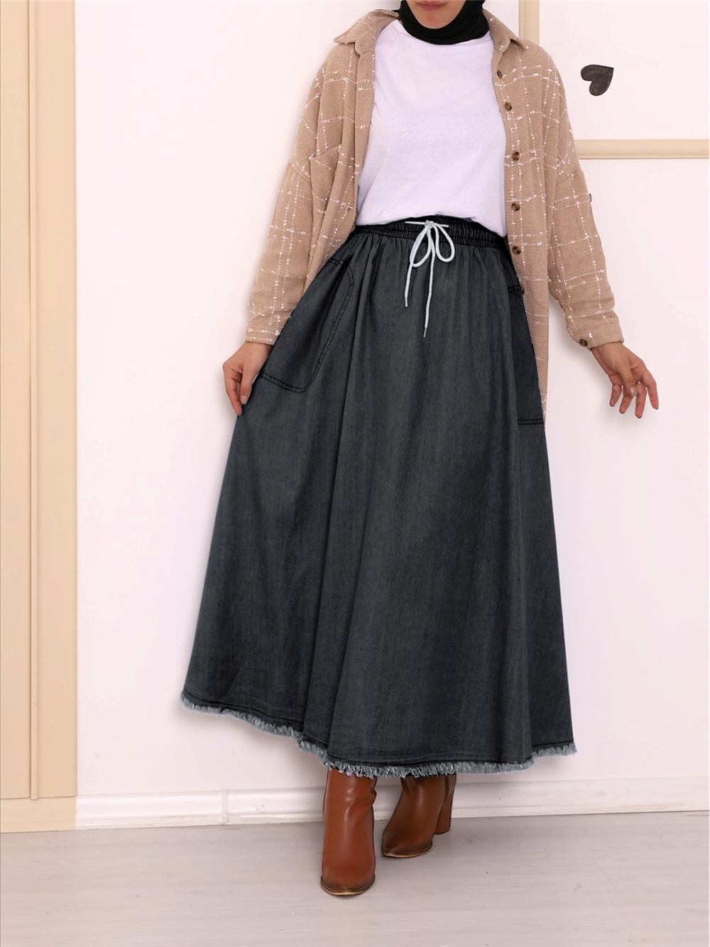 Pocket Denim Skirt with Tassels - Smoked-123-0689-R18