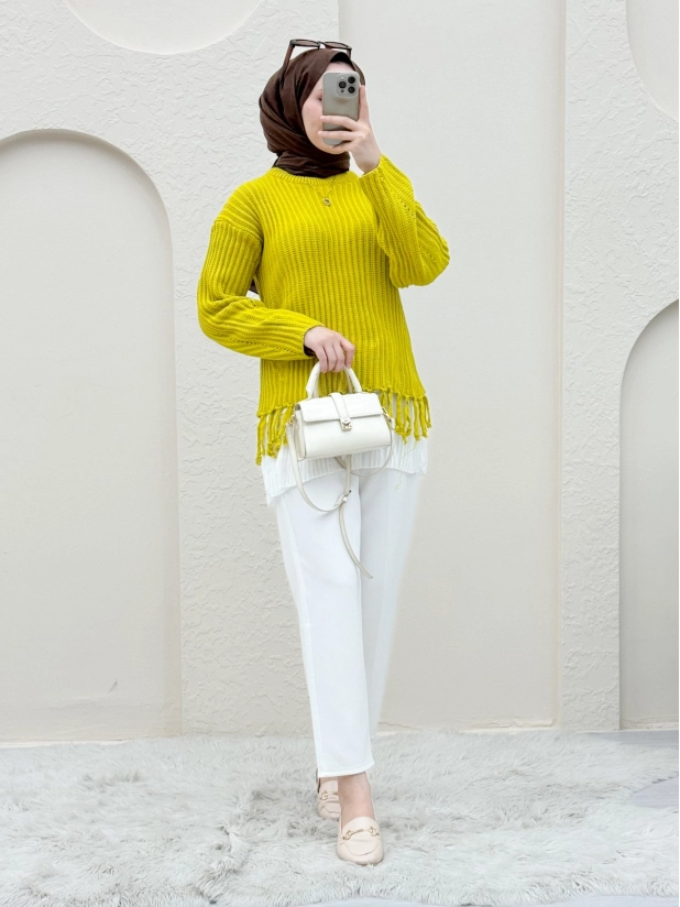 Thick Knit Short Sweater with Tassels on the Skirt -F.Green-351-5176-R67