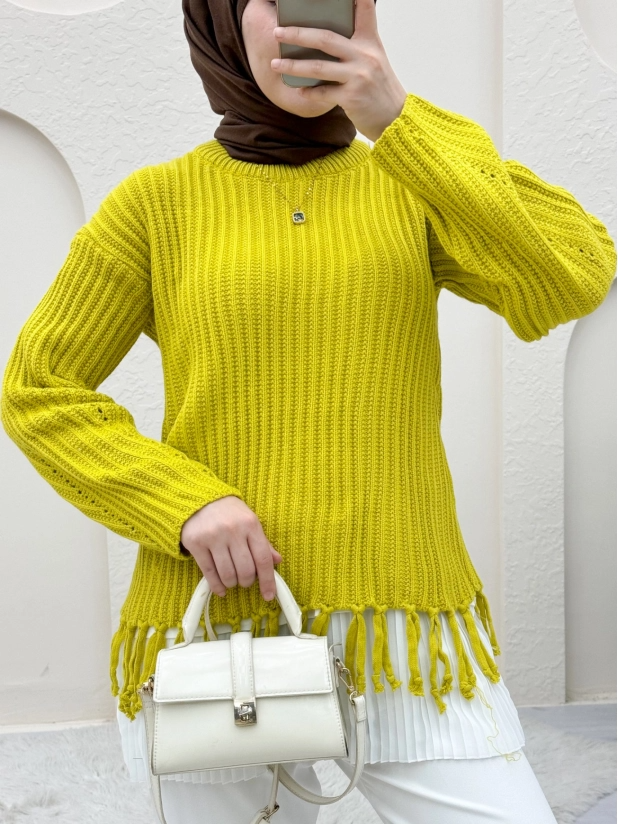 Thick Knit Short Sweater with Tassels on the Skirt -F.Green-351-5176-R67