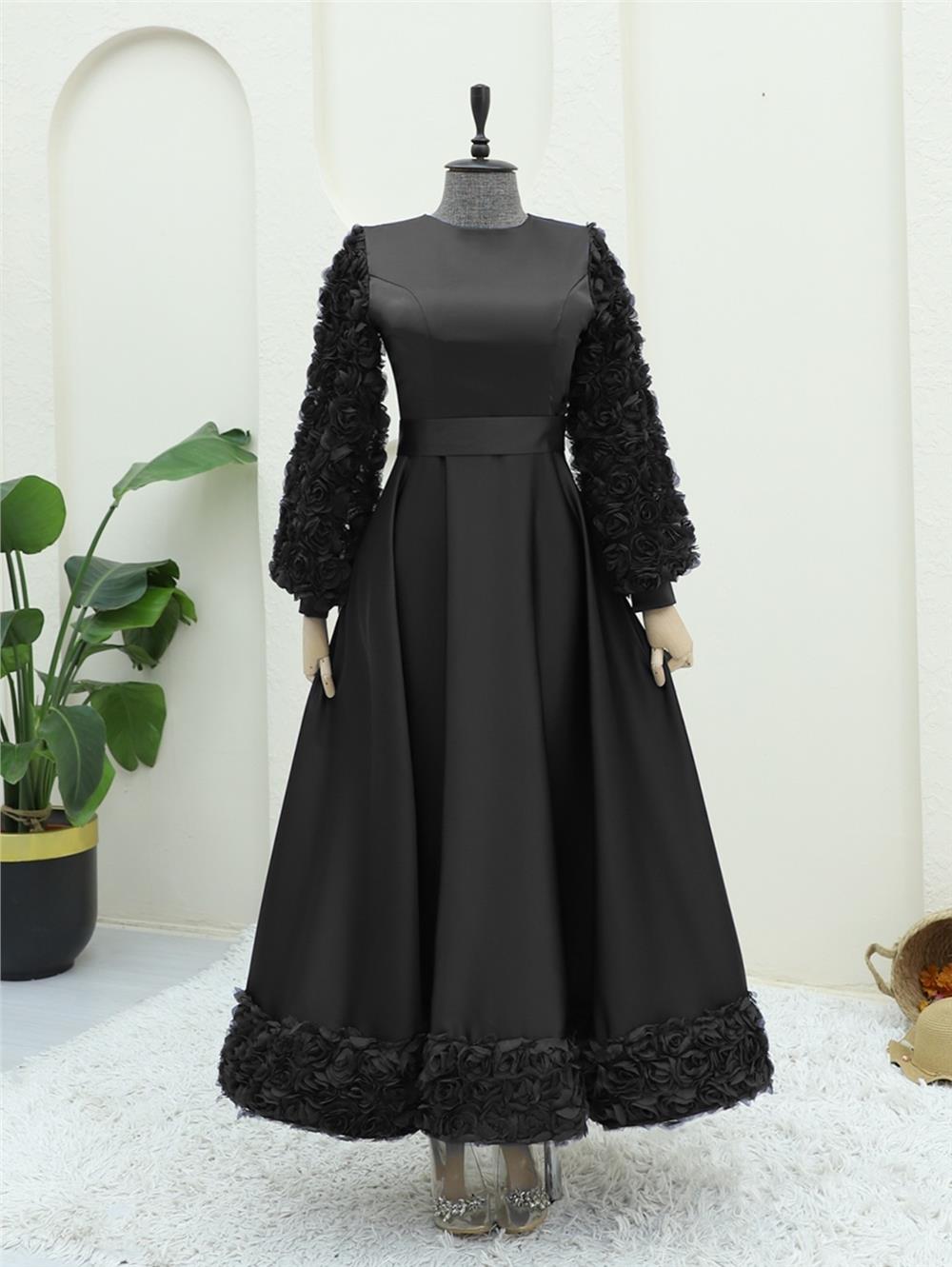 Eteği Ve Kolları Gül Detaylı Saten Abiye -Siyah-316-4661-R01